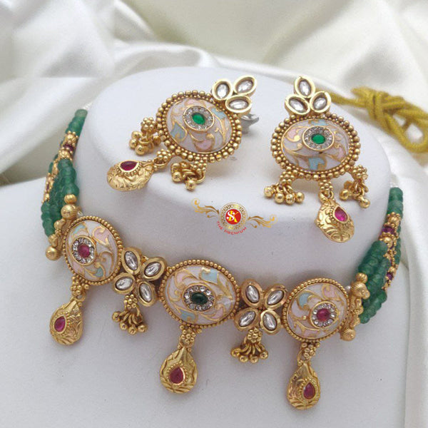 Akruti Collection Gold Plated Pota Stone And Pearls Meenakari Choker Necklace Set