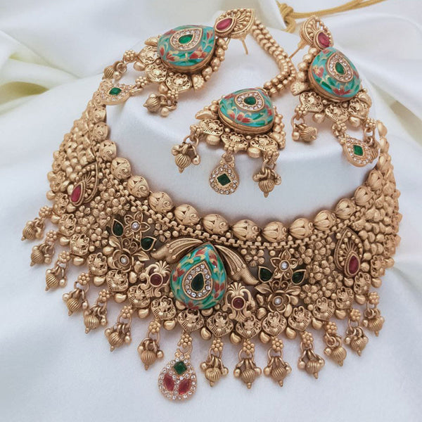 Akruti Collection Gold Plated Pota Stone And Pearls Meenakari Choker Necklace Set