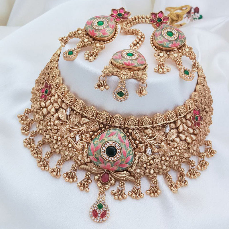 Akruti Collection Gold Plated Pota Stone And Pearls Meenakari Choker Necklace Set