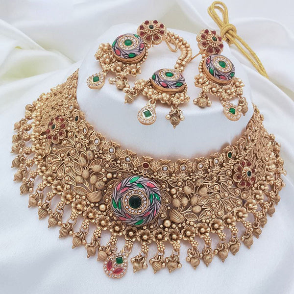 Akruti Collection Gold Plated Pota Stone And Pearls Meenakari Choker Necklace Set