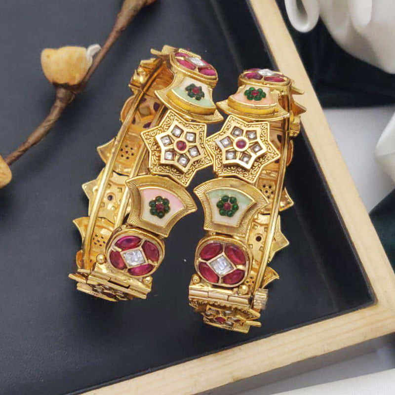 Akruti Collection Gold Plated Pota Stone And Meenakari Openable Bangles Set