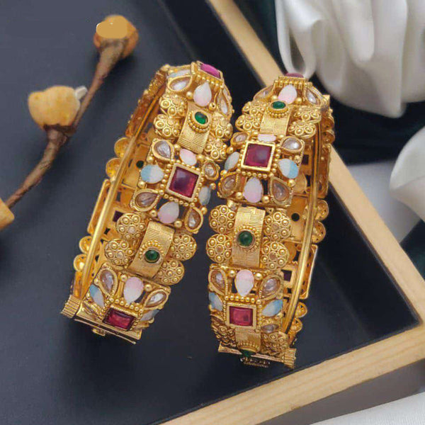 Akruti Collection Gold Plated Pota Stone And Meenakari Openable Bangles Set