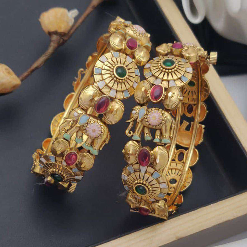 Akruti Collection Gold Plated Pota Stone And Meenakari Openable Bangles Set