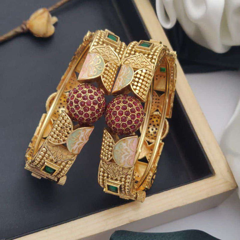 Akruti Collection Gold Plated Pota Stone And Meenakari Openable Bangles Set