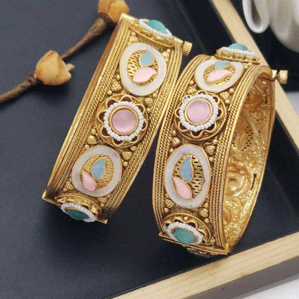 Akruti Collection Gold Plated Pota Stone And Meenakari Openable Bangles Set