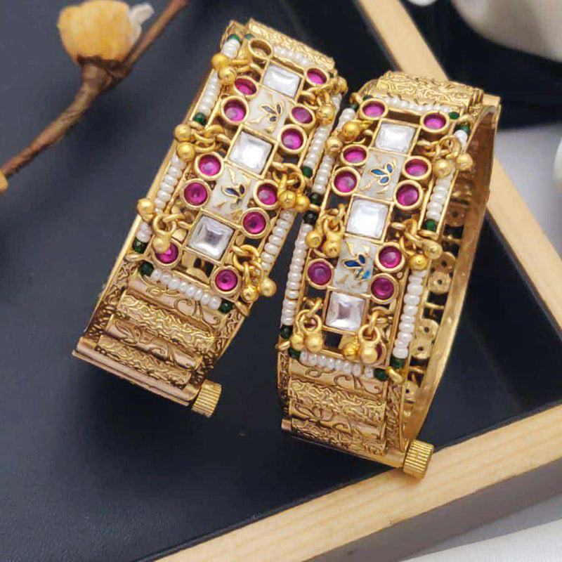 Akruti Collection Gold Plated Pota Stone And Meenakari Openable Bangles Set