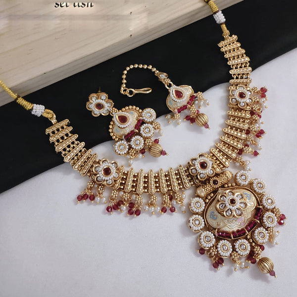 Akruti Collection Gold Plated Pota Stone And Pearls Meenakari Necklace Set