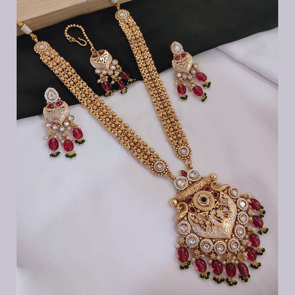 Akruti Collection Gold Plated Kundan Stone And Pearls Meenakari Long Necklace Set