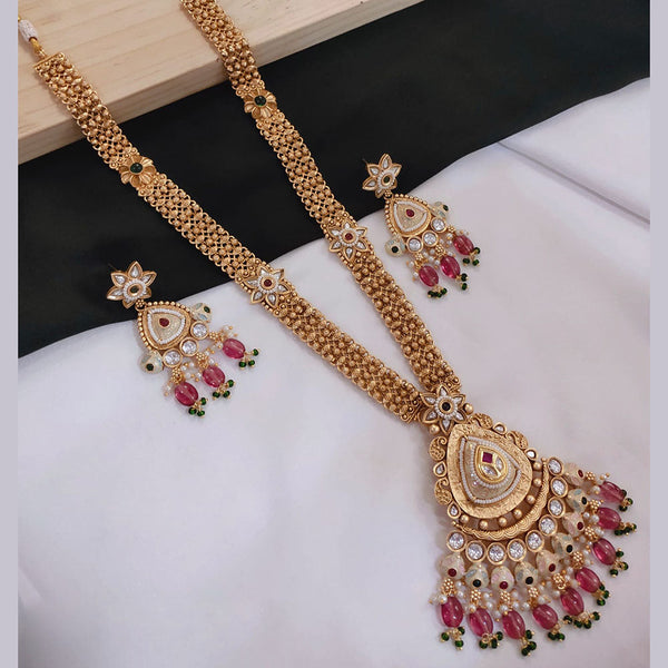 Akruti Collection Gold Plated Kundan Stone And Pearls Meenakari Long Necklace Set