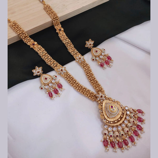 Akruti Collection Gold Plated Kundan Stone And Pearls Meenakari Long Necklace Set