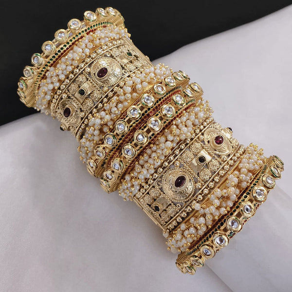 Akruti Collection Gold Plated Pota Stone And Pearl Openable Bangle Set