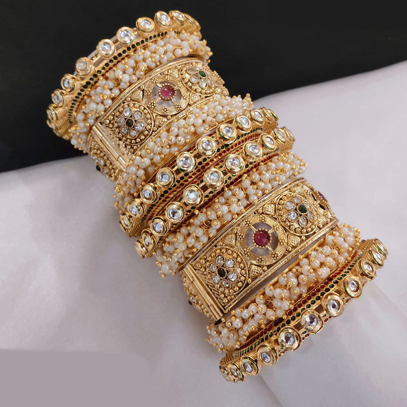 Akruti Collection Gold Plated Pota Stone And Pearl Openable Bangle Set