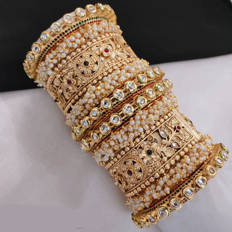 Akruti Collection Gold Plated Pota Stone And Pearl Openable Bangle Set