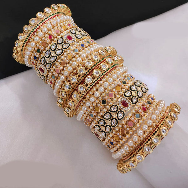 Akruti Collection Gold Plated Kundan Stone And Crystal Stone Pearls Bangles Set