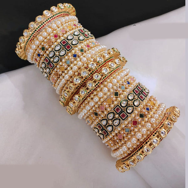 Akruti Collection Gold Plated Pota Stone And Pearl Openable Bangle Set