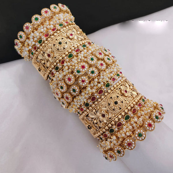 Akruti Collection Gold Plated Pota Stone And Pearl Openable Bangle Set