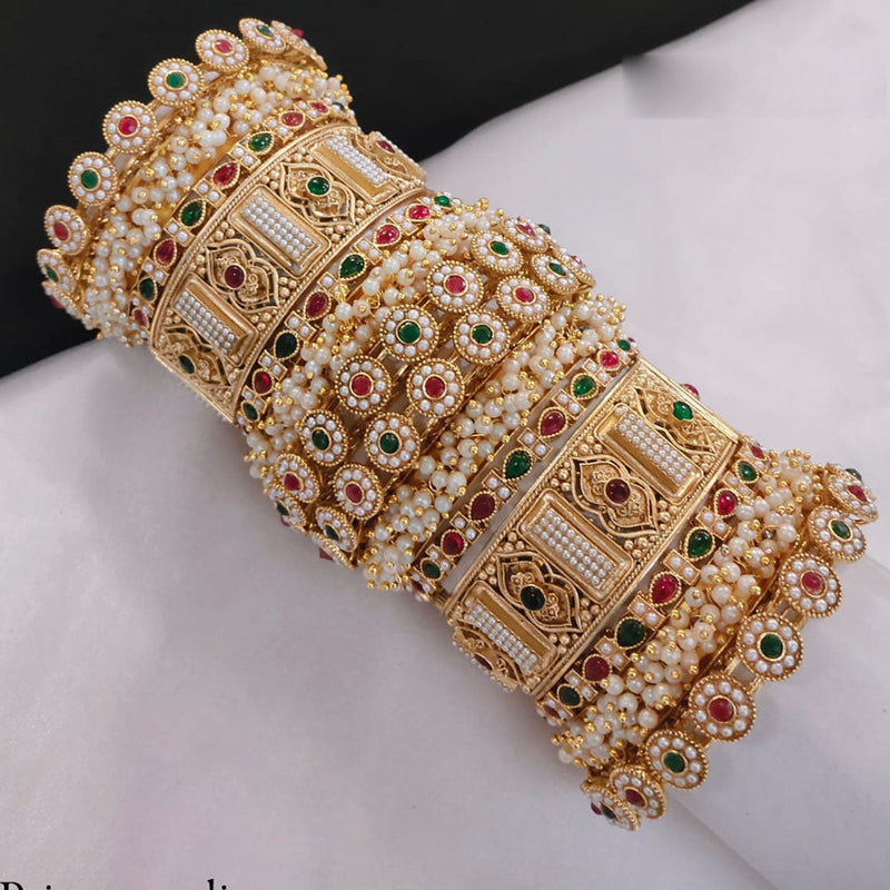 Akruti Collection Gold Plated Pota Stone And Pearl Openable Bangle Set