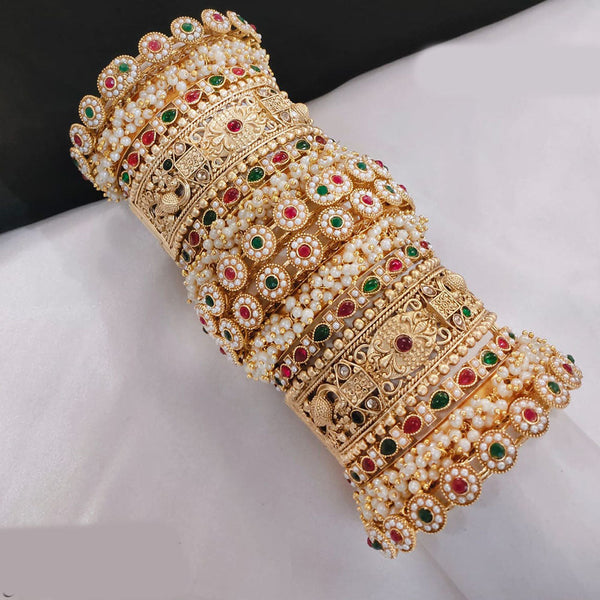 Akruti Collection Gold Plated Pota Stone And Pearl Openable Bangle Set