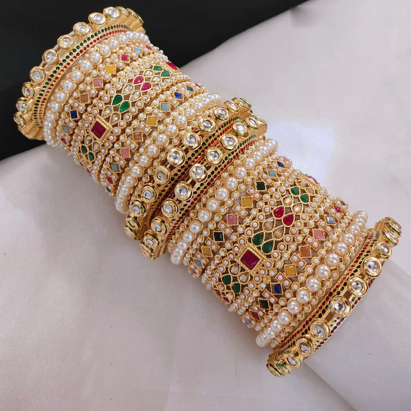 Akruti Collection Gold Plated Kundan Stone And Crystal Stone Pearls Bangles Set