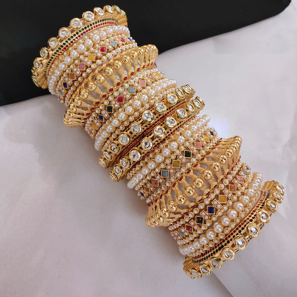 Akruti Collection Gold Plated Kundan Stone And Crystal Stone Pearls Bangles Set