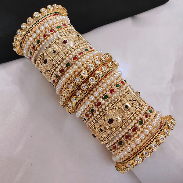 Akruti Collection Gold Plated Pota Stone And Pearl Openable Bangle Set