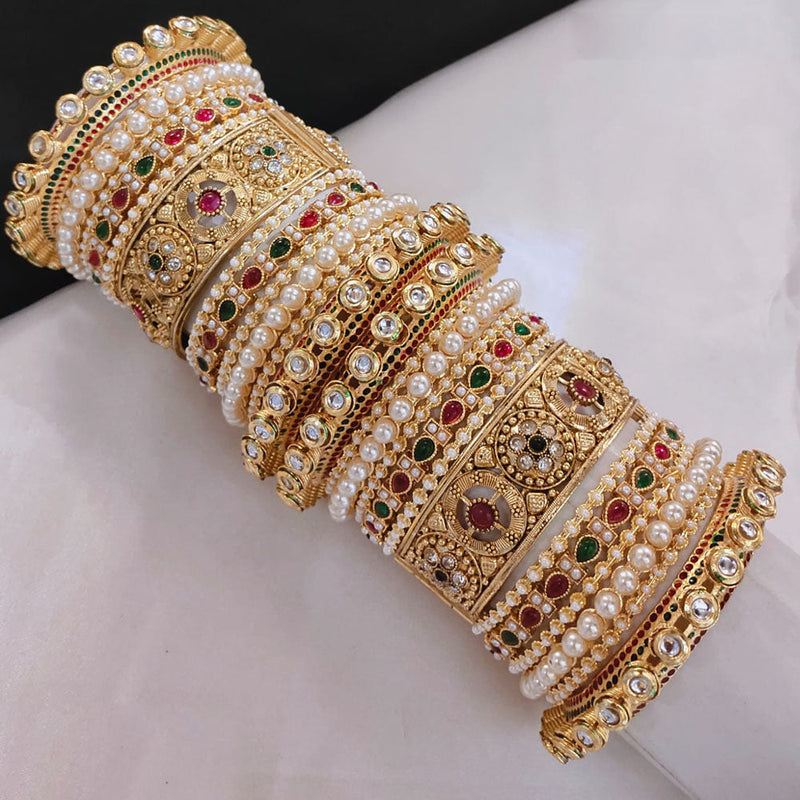 Akruti Collection Gold Plated Pota Stone And Pearl Openable Bangle Set