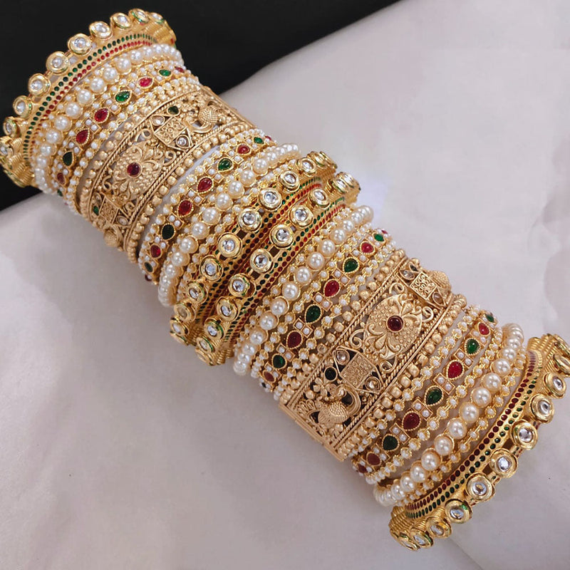 Akruti Collection Gold Plated Pota Stone And Pearl Openable Bangle Set