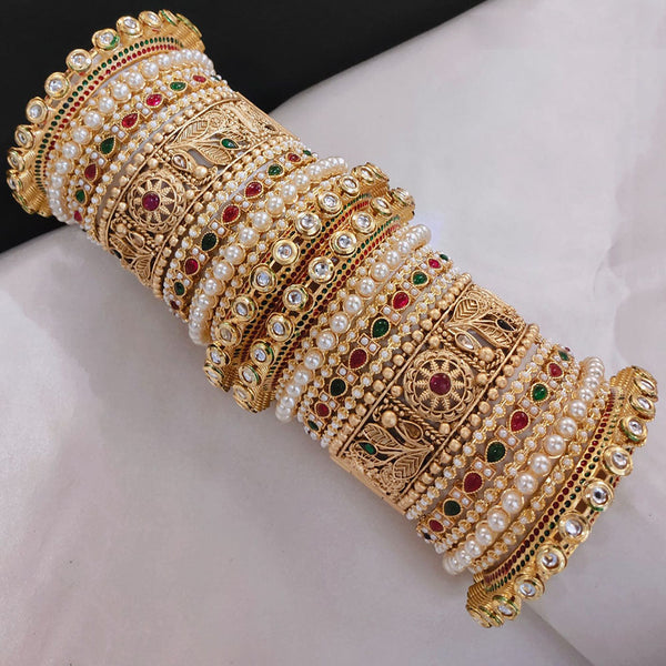 Akruti Collection Gold Plated Pota Stone And Pearl Openable Bangle Set