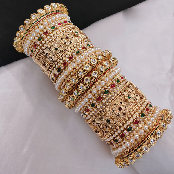 Akruti Collection Gold Plated Pota Stone And Pearl Openable Bangle Set