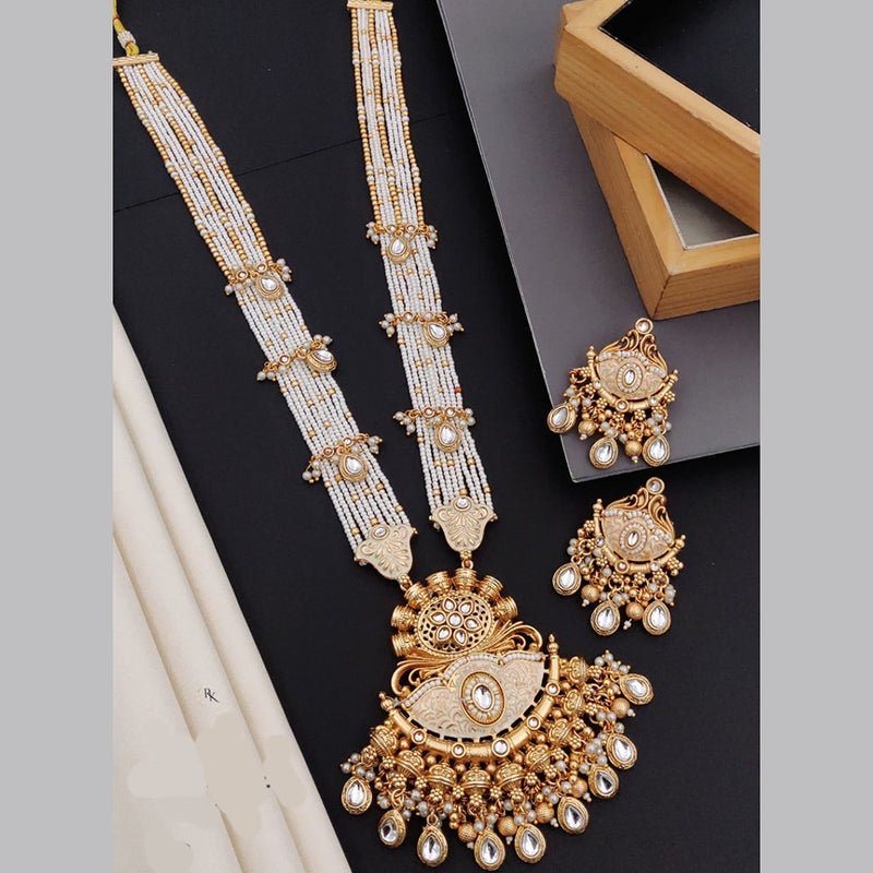 Akruti Collection Gold Plated Kundan Stone And Pearls Meenakari Long Necklace Set