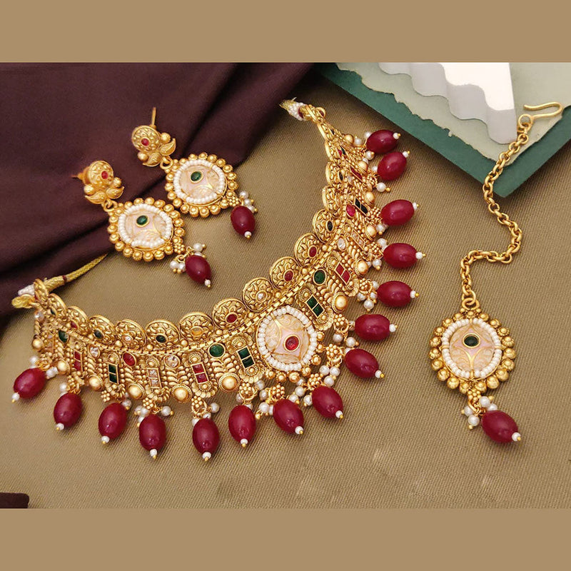 Akruti Collection Gold Plated Pota Stone And Pearls Meenakari Choker Necklace Set