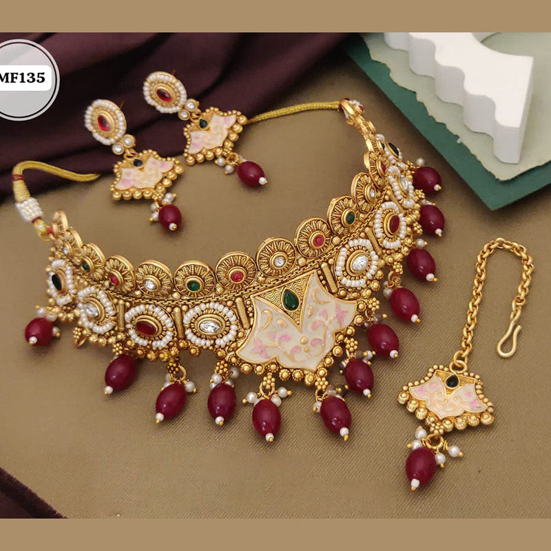 Akruti Collection Gold Plated Pota Stone And Pearls Meenakari Choker Necklace Set