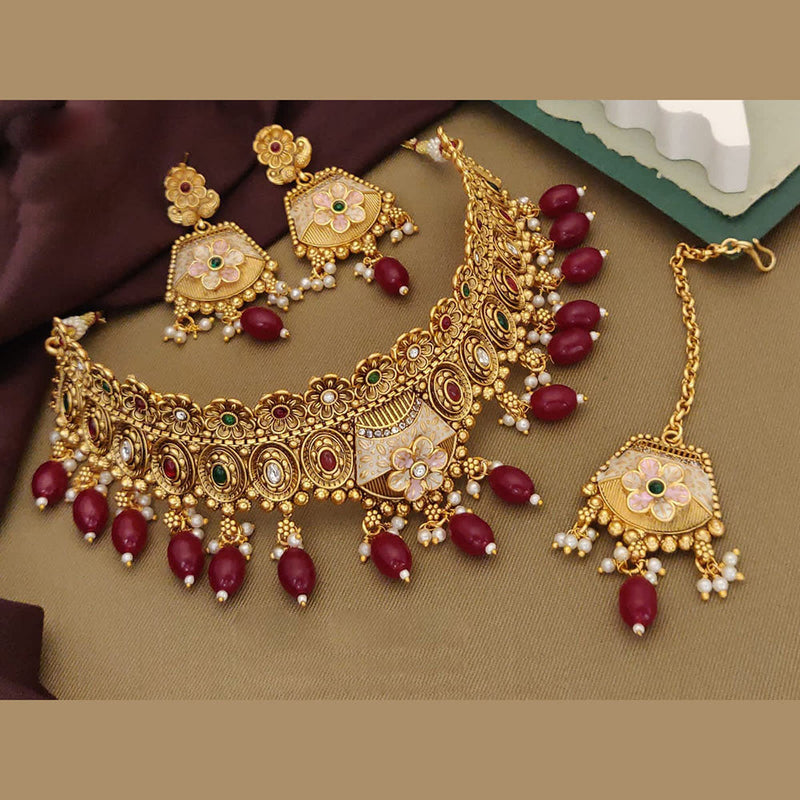 Akruti Collection Gold Plated Pota Stone And Pearls Meenakari Choker Necklace Set