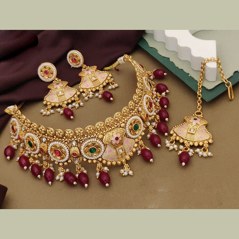 Akruti Collection Gold Plated Pota Stone And Pearls Meenakari Choker Necklace Set