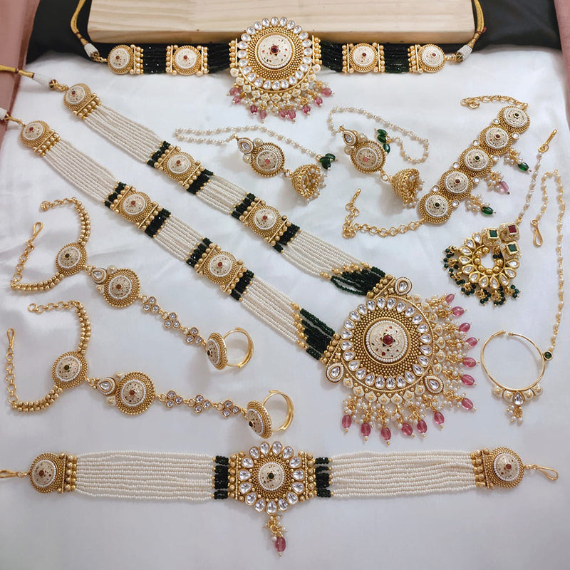 Akruti Collection Gold Plated Kundan Stone Beads And Pearls Meenakari Bridal Set