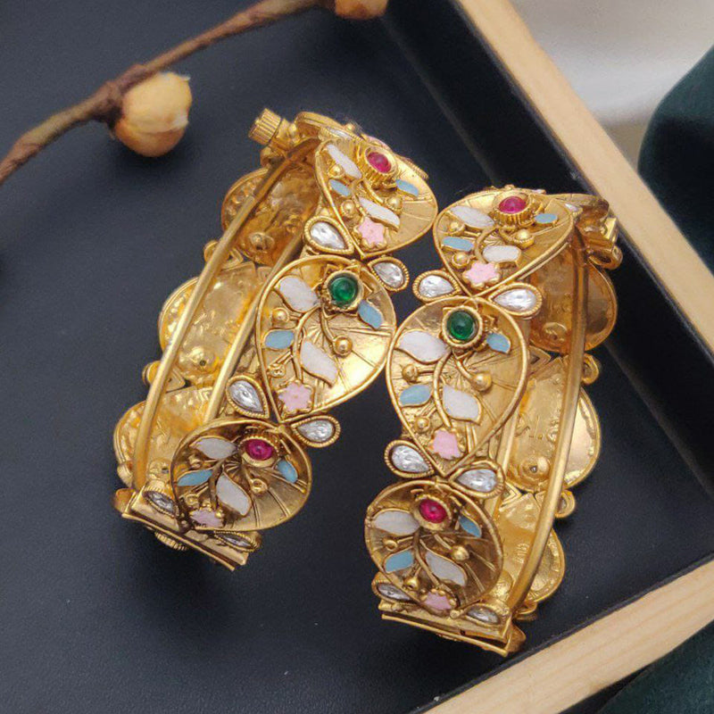 Akruti Collection Gold Plated Pota Stone And Meenakari Openable Bangle Set