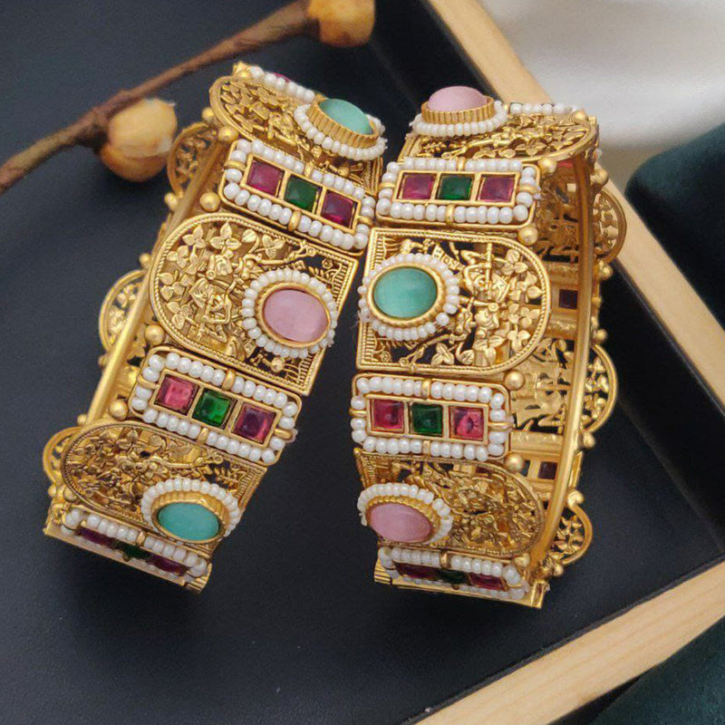 Akruti Collection Gold Plated Pota Stone And Pearls Openable Bangle Set