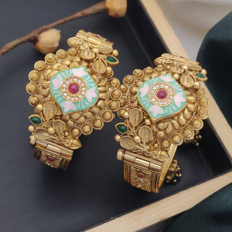 Akruti Collection Gold Plated Pota Stone And Meenakari Openable Bangle Set