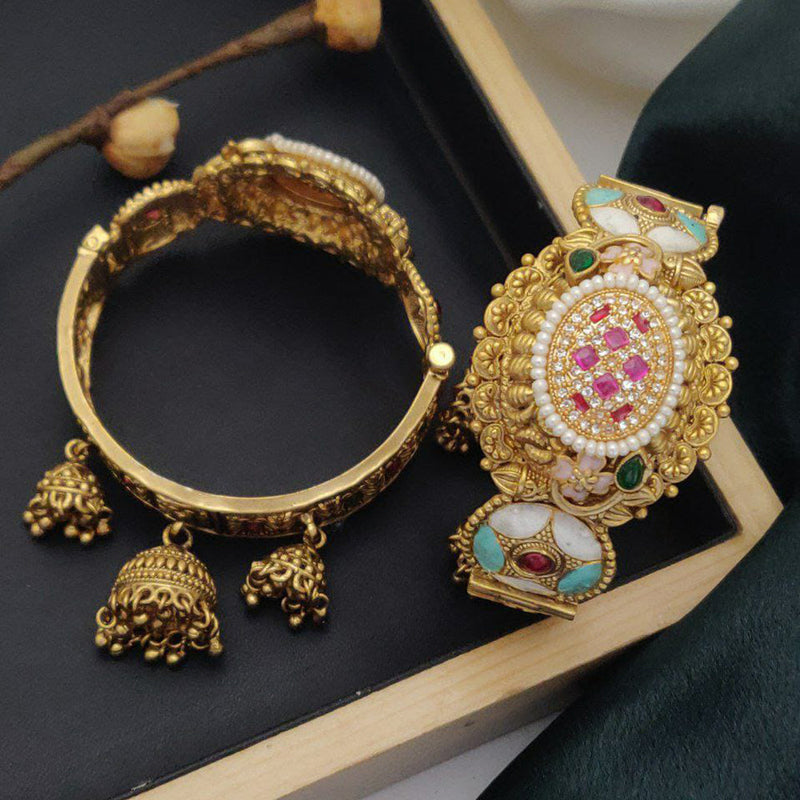 Akruti Collection Gold Plated Pota Stone And Meenakari Openable Bangle Set