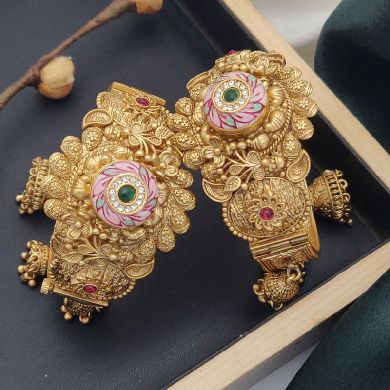 Akruti Collection Gold Plated Pota Stone And Meenakari Openable Bangle Set