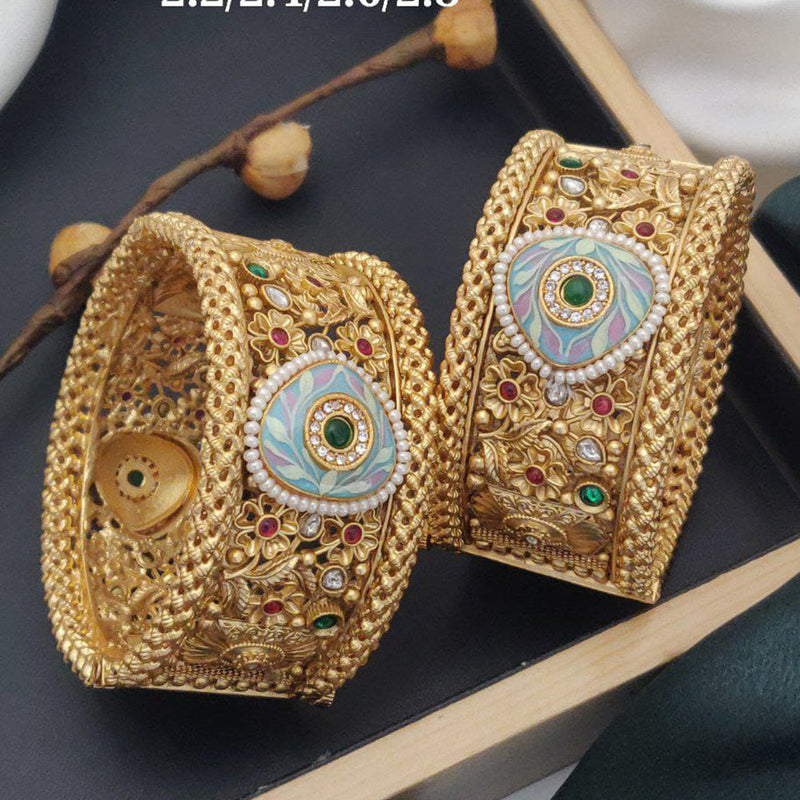 Akruti Collection Gold Plated Pota Stone And Meenakari Openable Bangle Set