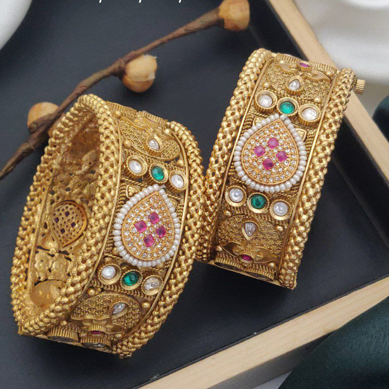 Akruti Collection Gold Plated Pota Stone And Pearls Openable Bangle Set