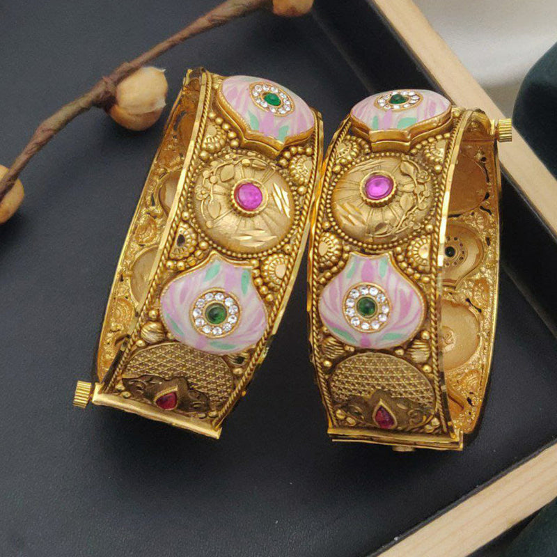 Akruti Collection Gold Plated Pota Stone And Meenakari Openable Bangle Set