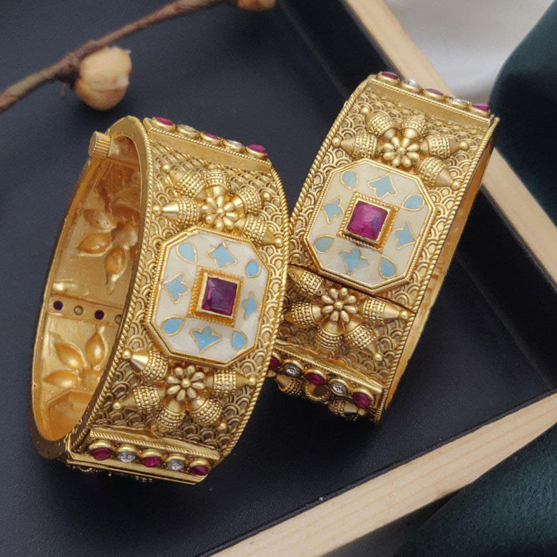 Akruti Collection Gold Plated Pota Stone And Meenakari Openable Bangle Set