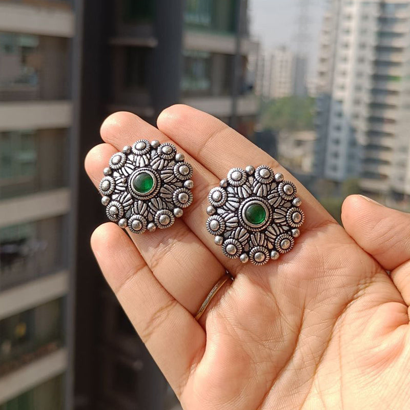 Akruti Collection Oxidised Plated Pota Stone Studs