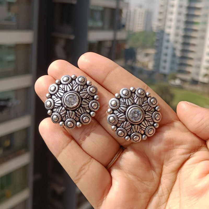 Akruti Collection Oxidised Plated Pota Stone Studs