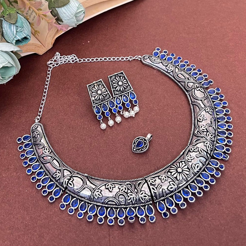 Akruti Collection Oxidised Plated Pota Stone Necklace Set