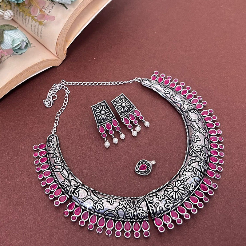 Akruti Collection Oxidised Plated Pota Stone Necklace Set