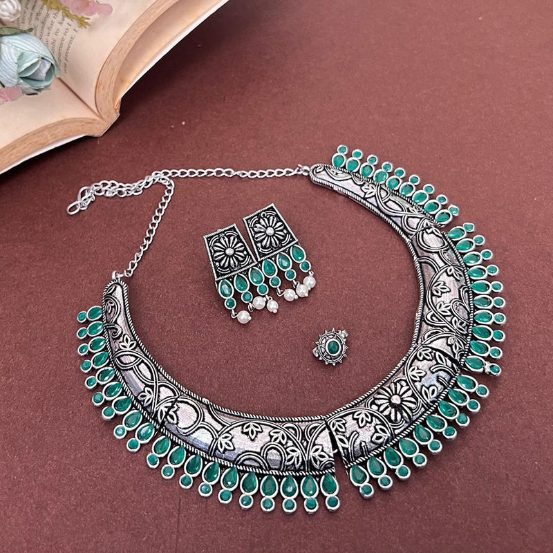 Akruti Collection Oxidised Plated Pota Stone Necklace Set