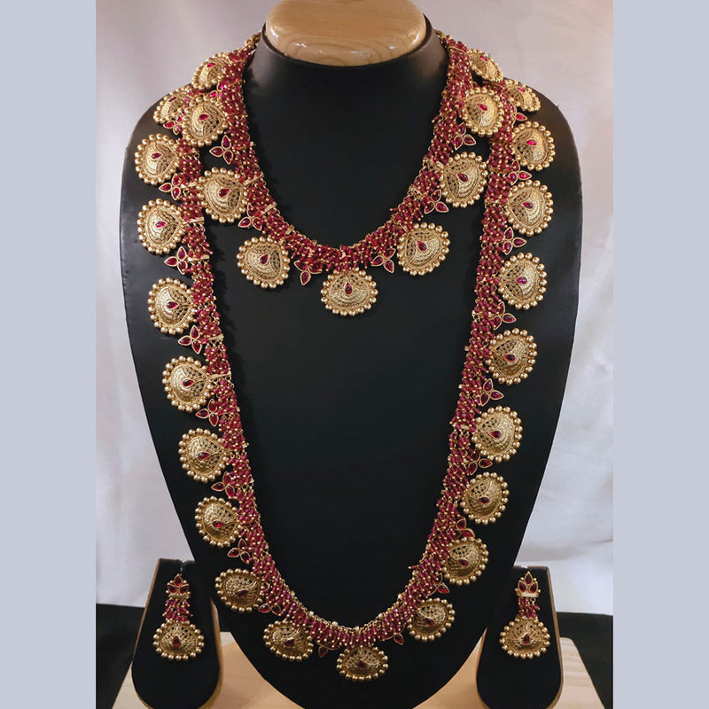 Akruti Collection Gold Plated Pota Stone And Pearl Double Necklace Set